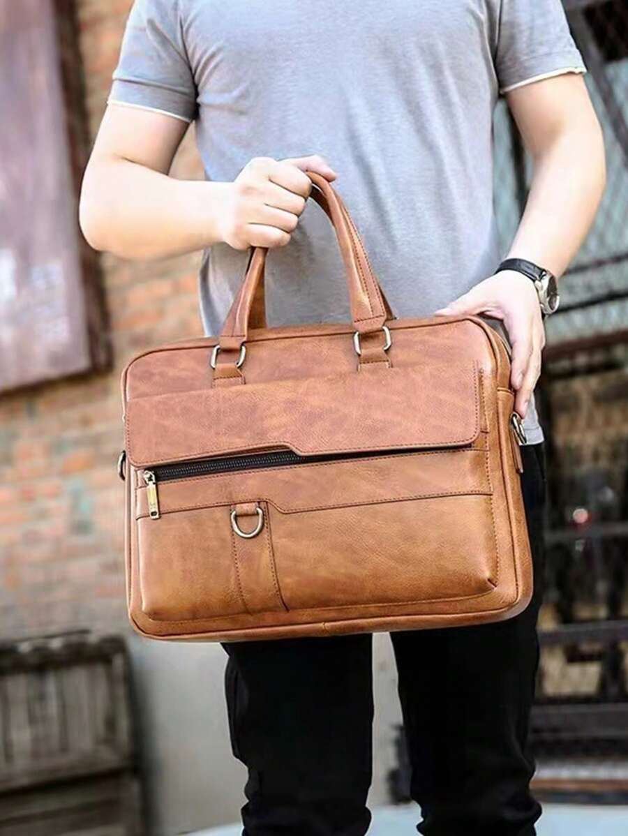 多层加厚大容量双手柄拉链半覆盖 PU 皮革文件 14 英寸电脑公文包，适合旅行、工作、官方文件和计算机多功能万圣节圣诞节尖叫文件包笔记本电脑包拉链包感恩节钱包节日包手提包斜挎包复古优质皮革公文包皮革手提包复古趣味礼物笔记本电脑包男士旅行礼物 - 卡其色 - 查看 1