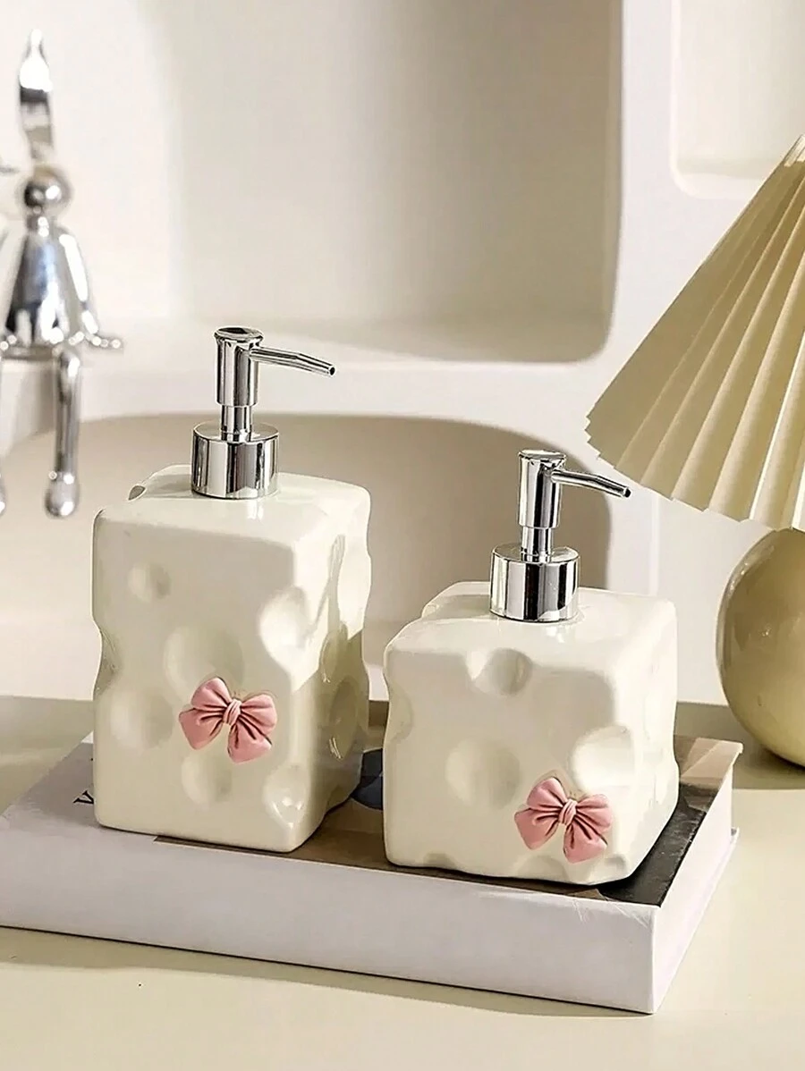 1 Miếng Gốm sứ Máy tạo xà phòng Với Bowknot Đồ trang trí , Bao gồm Sữa tắm Chai , Chai sữa dưỡng da Và Sự tạo bọt Máy Phân phối - Màu be - Xem 1