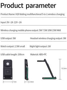 1入組黑色15w 5合1可摺疊式無線充電支架,帶夜燈、雙線圈可攜式手機充電座 - 黑色 - 查看 9