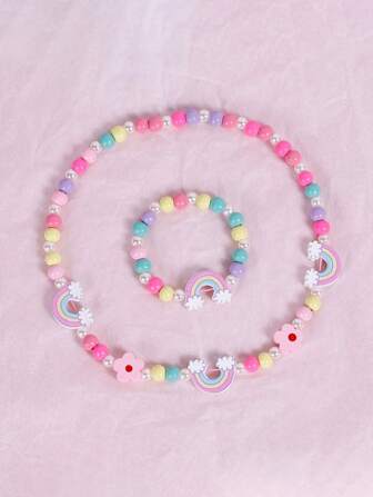 2pcs/set Baby/toddler/little Girls' European & American Style Vintage Cute Princess Themed Bracelet/necklace Set, Featuring Macaron Colors, Wooden, Mermaid, Rainbow, Butterfly, Unicorn, Lamb, Alpaca, Heart Charm Pieces, Comes With A Mesh Bag, Suitable For Everyday Wear, Dress-up Play, Travel And Photography