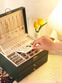 1pc High-end Green Jewelry Box, Large Capacity Organizer For Necklace, Earrings, Bracelets, Rings, And Other Delicate Accessories, Suitable For Storing Gold Jewelry - Dark Green - View 3