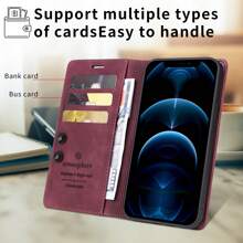 1 pieza Funda de cartera de estilo empresarial roja con ranuras para tarjetas y función de ventosa, cubierta protectora antideslizante compatible con iPhone, , y modelos Redmi - Burdeos - Ver 4