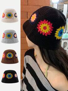 1入女士啡色粗針編織向日葵鬆軟貝雷帽，手工編織保暖帽適合秋冬日常穿搭 - 棕色 - 查看 1