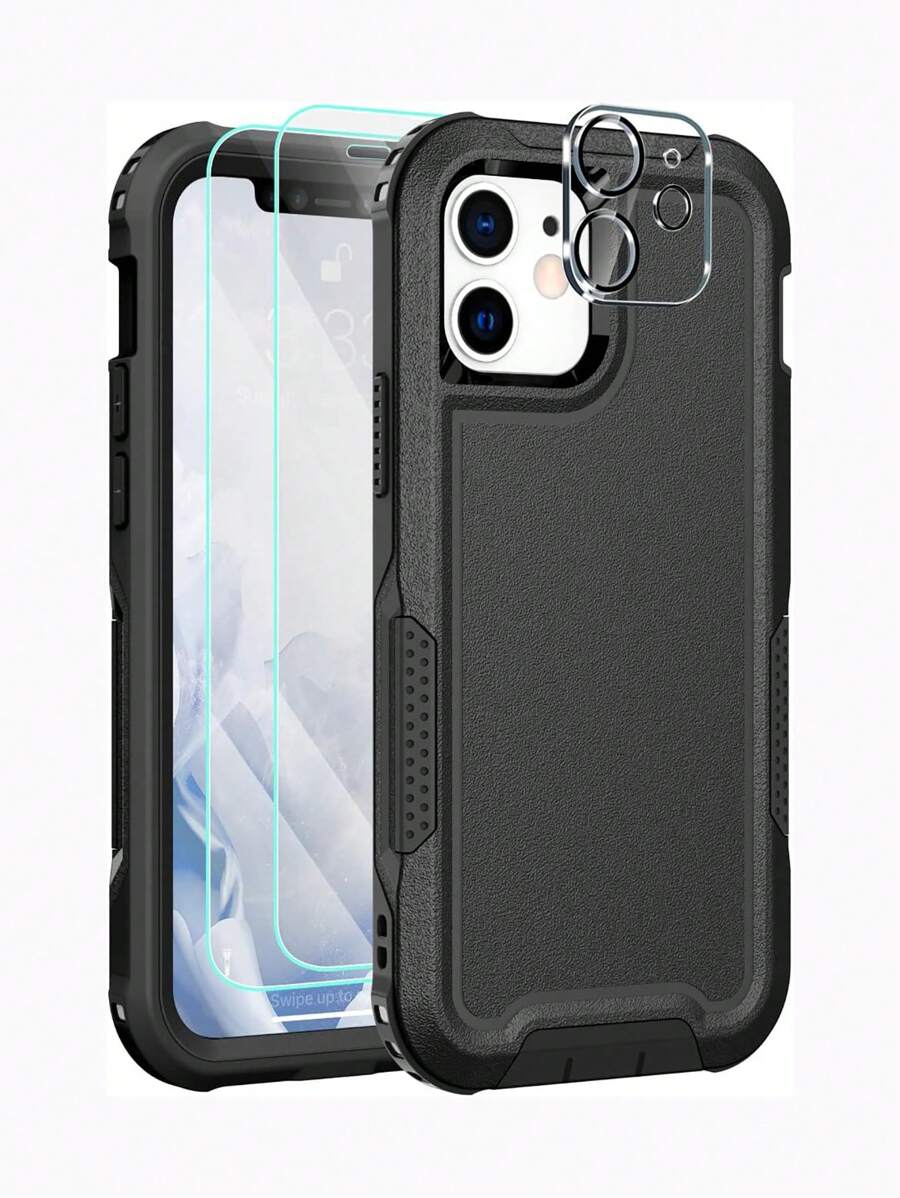 Heavy Duty 3-Layer Protective Hybrid Material Combination Compatible With Apple Phone Case With 1 Tempered Glass Screen Protector And 1 Camera Protector - Black - View 1