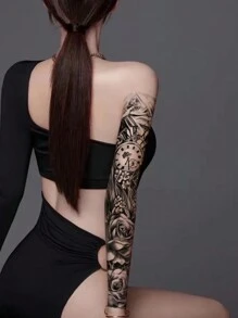 (一片式) 男女全臂临时纹身贴纸 防水防汗 黑白 欧美风格 持久逼真 - 黑色 - 查看 4