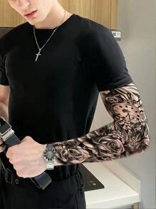 (一片式) 男女全臂临时纹身贴纸 防水防汗 黑白 欧美风格 持久逼真 - 黑色 - 查看 6