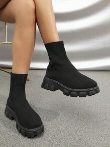 Botas Hasta El Tobillo De Punto Sólido Para Mujer De Otoño E Invierno Con Punta Redonda De Punto Negro, Botas De Tobillo De Punto Resistente En Color Sólido - Negro - Ver 2