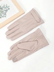 1雙杏色pu皮手套 短款對比拼接配毛絨內裡手套 防水觸屏手套 - 白色 - 查看 2