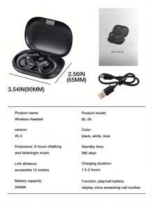 GENAI BL35 耳罩式無線V5.3耳機，充電盒數字LED顯示，Type-C快充，24小時播放時間，開放式耳機帶掛耳勾，IPX5防水耳塞搭載麥克風適合跑步運動 - 藍色 - 查看 11