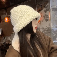 7種顏色可選擇的中性厚針織毛帽,冬季時尚純色大邊保暖耳保暖帽 - 白色 - 查看 1