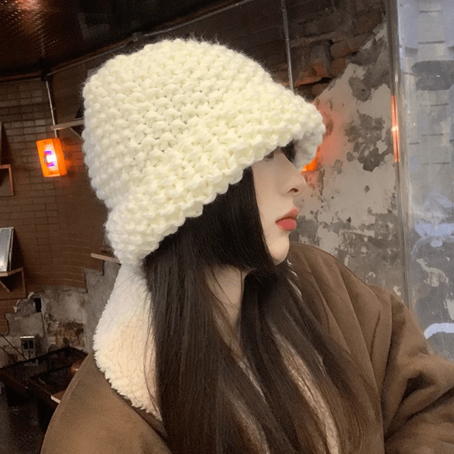 7種顏色可選擇的中性厚針織毛帽,冬季時尚純色大邊保暖耳保暖帽 - 白色 - 查看 1