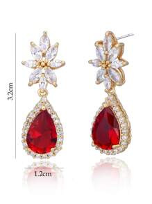 红宝石红方晶锆石新娘耳环 适合婚礼新娘伴娘优雅 14k 镀金泪珠水滴水晶莱茵石 CZ 簇花花卉吊坠耳环 适合女士女孩派对舞会情人节 - 紅色 - 查看 3