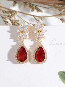 红宝石红方晶锆石新娘耳环 适合婚礼新娘伴娘优雅 14k 镀金泪珠水滴水晶莱茵石 CZ 簇花花卉吊坠耳环 适合女士女孩派对舞会情人节 - 紅色 - 查看 1