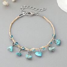 1 Pieza Pulsera De La Suerte Hecha A Mano Con Piedra Natural Y Hierba De Rafia - Turquesa - Ver 3