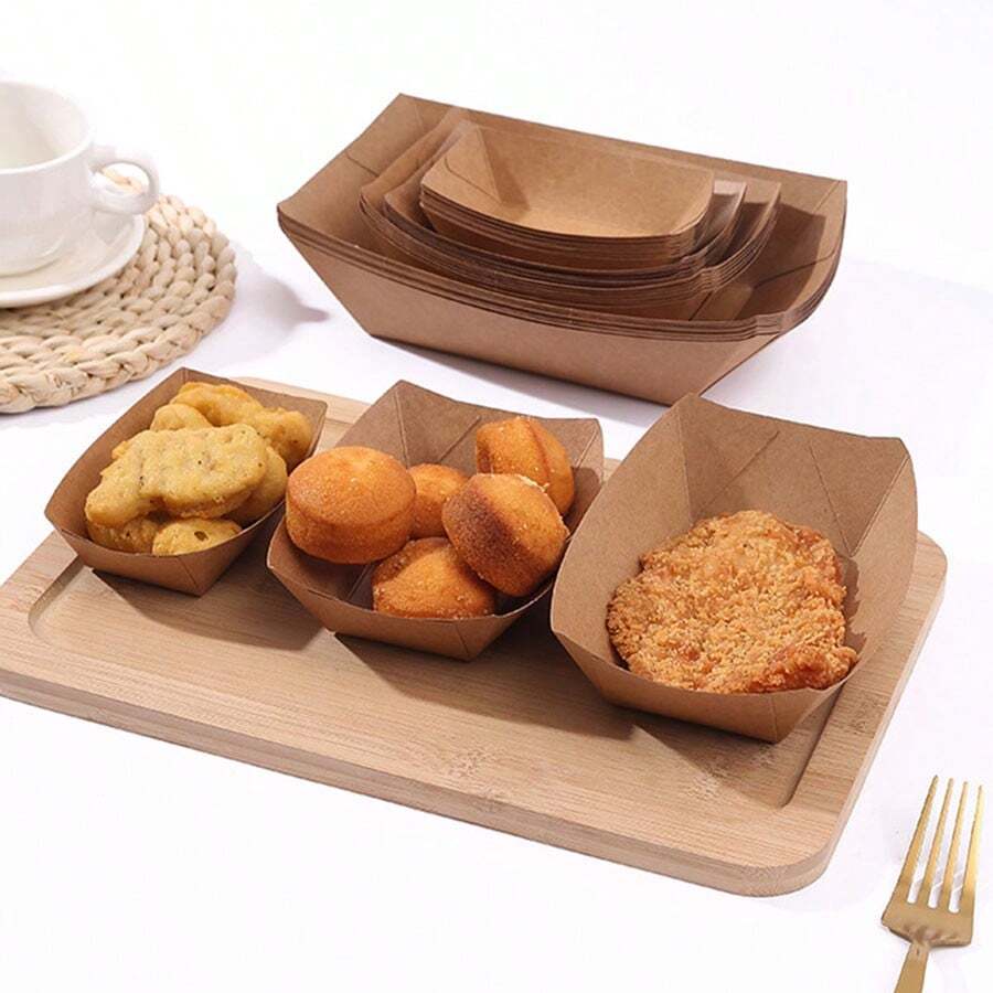 10pcs Disposable Kraft Paper Box With Handle, Fast Food Packaging Box For French Fries, Fried Chicken, Chips, Snacks, - Brown - View 1
