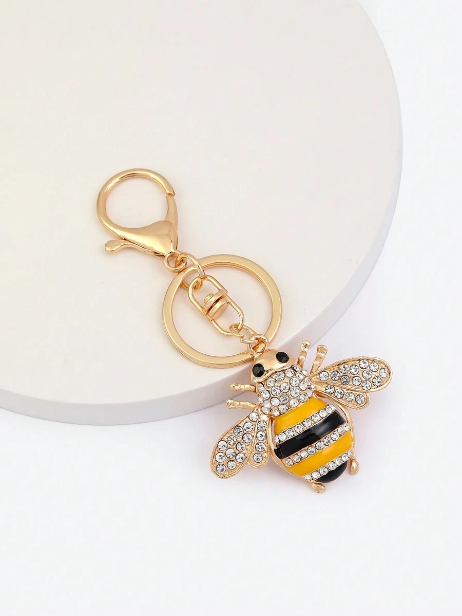 1pc Yellow Bee Design Keychain With Rhinestone Decor, Perfect For Garden Tour Souvenir, Student Backpack Decoration - Multicolor - View 1
