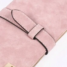 粉色長錢包女2023秋冬新款復古磨砂抽繩扣簡約時尚學生手拿包大容量女輕便時尚運動大容量折疊拉鍊扣多卡兩折女士pu皮長錢包學生錢包 - 粉色 - 查看 5
