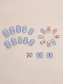 24pcs/Set Short Square Minimalist Style Printed False Nails Including 1pc Nail File And 1pc Jelly Gel Press On Nails Nail Supplies - Baby Blue - View 3