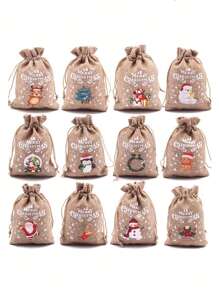 12 chiếc túi vải lanh đựng quà Giáng sinh có dây rút, thiết kế minh họa hình quả táo và kẹo dễ thương, Giáng sinh - Nhiều màu - Xem 1