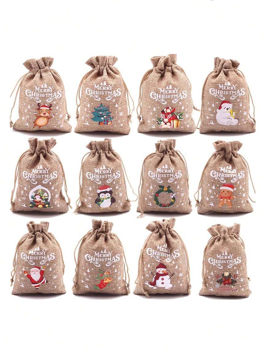 12 chiếc túi vải lanh đựng quà Giáng sinh có dây rút, thiết kế minh họa hình quả táo và kẹo dễ thương, Giáng sinh - Nhiều màu - Xem 1