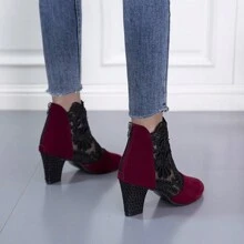 New Fashion Lace Mesh Short Boots - Burgundy - View 3