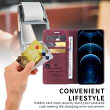 1 pieza Funda de cartera de estilo empresarial roja con ranuras para tarjetas y función de ventosa, cubierta protectora antideslizante compatible con iPhone, , y modelos Redmi - Burdeos - Ver 5