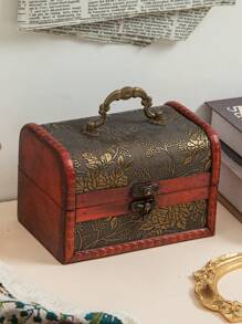 1pc Vintage Style Wooden Storage Box Jewelry & Trinket Organizer With Lid For Home Decoration, Pirate Treasure Chest Design - Black - View 10
