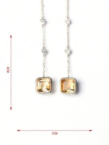 1雙女性黃色的立方體&流蘇裝飾自然黃色的水晶S925純銀吊墜奢華耳朵穿線器,耳朵鏈條,耳環