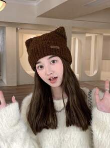 1頂女式針織帽,配有皮革標籤和耳朵細節,粉色休閒毛絨帽,適用於冬季日常使用,可愛 - 粉色 - 查看 11