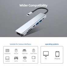 7個port Usbc集線器,超薄型上置式基座,1個usb 3.0 Port、1個sd/tf卡讀卡器、1個usb2.0、pd充電器(100w)&(4k@30hz),適用於macbook Pro 2022/2021/2020/2019,surface Book 2等 - 灰色 - 查看 6