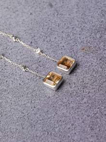 1雙女性黃色的立方體&流蘇裝飾自然黃色的水晶S925純銀吊墜奢華耳朵穿線器,耳朵鏈條,耳環