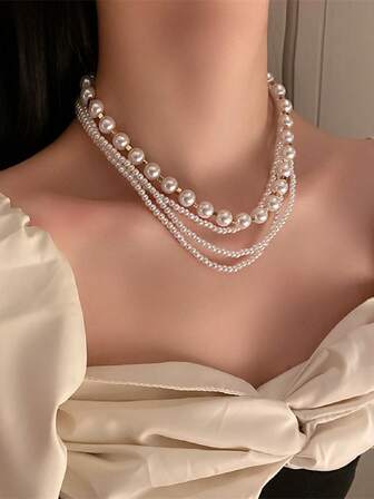 1條法式復古風格假珍珠多層扭鏈項鍊