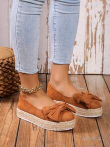 Women's Bow Knot Decorated Jute Rope Insole Straw Bottom Thick-Soled Shoes, Spring And Autumn Raffia Braid Thick-Soled Shoes - Brown - View 4