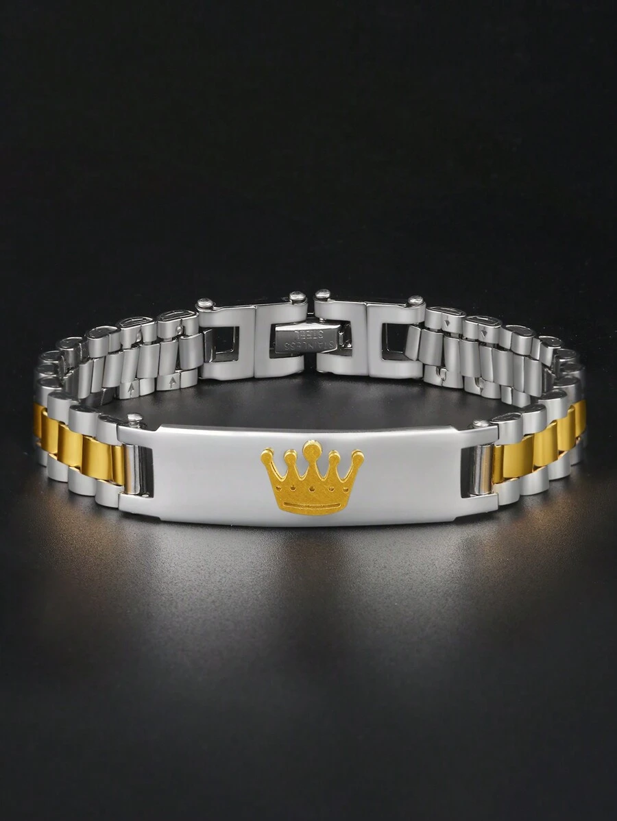1 件时尚简约黑色不锈钢手链，配银色皇冠吊饰，适合任何场合佩戴，让您在朋友中脱颖而出，展现时尚优雅的气质 - 金黃色 - 查看 1