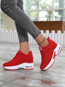 Fashionable Breathable Red Lace-up Platform Wedge Sneakers - Red - View 3
