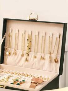1pc High-end Green Jewelry Box, Large Capacity Organizer For Necklace, Earrings, Bracelets, Rings, And Other Delicate Accessories, Suitable For Storing Gold Jewelry - Dark Green - View 5