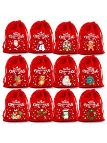 12入組混合風格聖誕深絨拉繩袋,卡通曲奇、糖果、蘋果設計禮物袋 - 彩色 - 查看 1