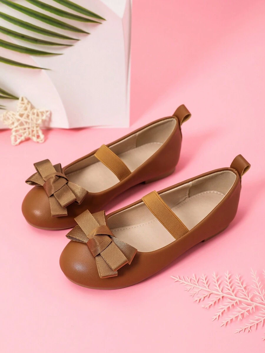 1pair Girls' Shoes With Flower Decorated Toe, Elastic Lace And Easy On-Off Heel Design, Flat And Versatile For Spring And Autumn Seasons - Brown - View 1