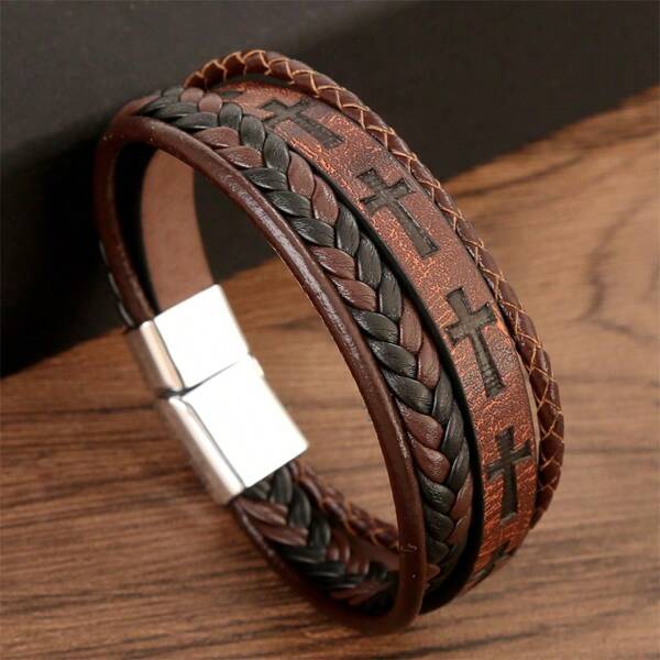New Arrival Cross-border European & American Style Fashionable Men's Charm Bracelet Handmade With Pu Leather And Zinc Alloy Magnetic Clasp Decoration