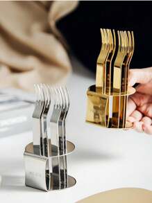 6pcs/Set Stainless Steel Dessert Forks With Holder, Creative Fruit Fork Cutlery Set