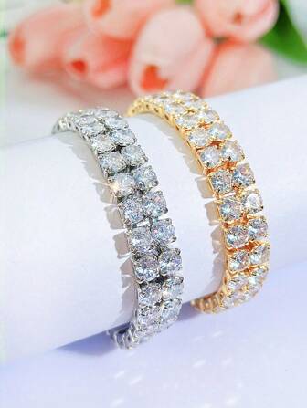 SEQUITO 1 Pieza Brillante Pulsera/Brazalete de 5mm Redondo AAA CZ Enchapado en Plata y Oro de 2 Filas de Circonita para Mujer, Joyería para Banquetes, Fiestas y Novia
