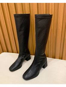 2023新款後拉鍊及膝靴,有緊身效果,正方形腳趾,粗跟,不是過膝款式,高彈性,適合女性穿著 - 黑色 - 查看 3