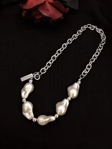 1pc Unique European And American Style Pearl Necklace, Couples' / Women's Geometric Pendant Short Sweater Chain - Silver - View 6