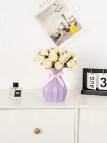 1只仿陶瓷塑料花瓶,附有隨機顏色的蝴蝶結,適用於家庭裝飾插花 - 淡紫色 - 查看 2