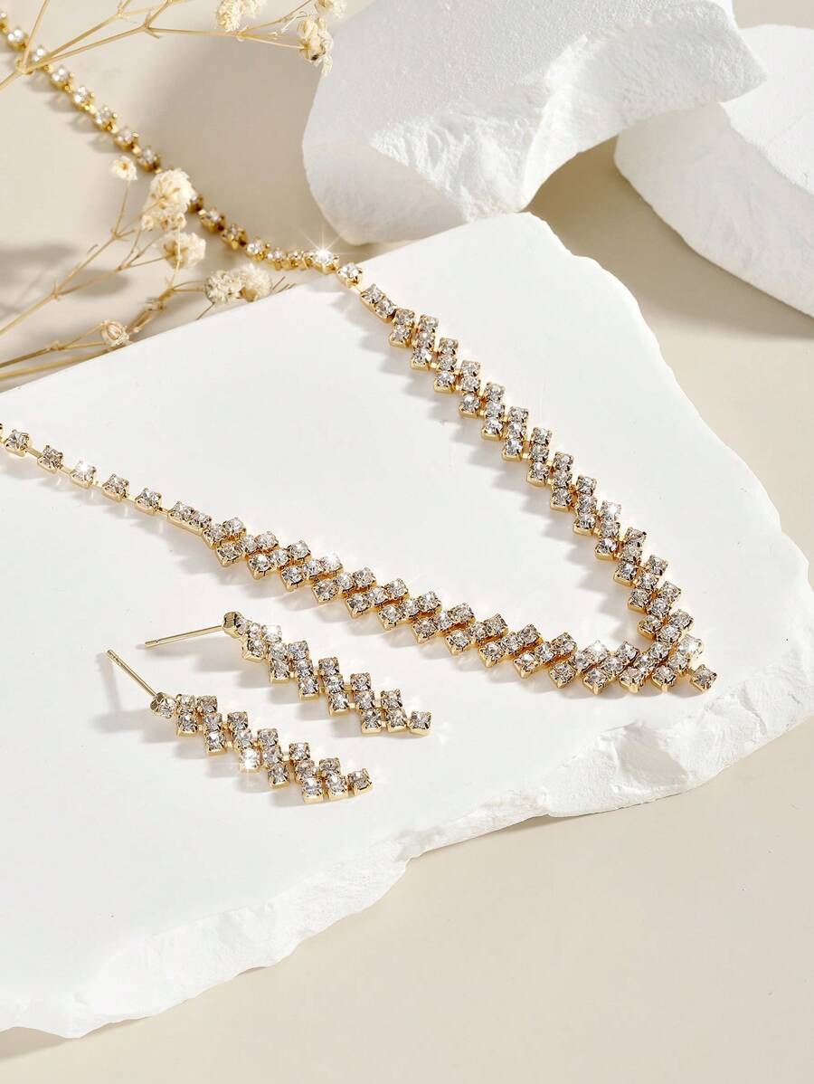 小众设计奢华爪链水钻项链配耳环套装，中东 - 金黃色 - 查看 1