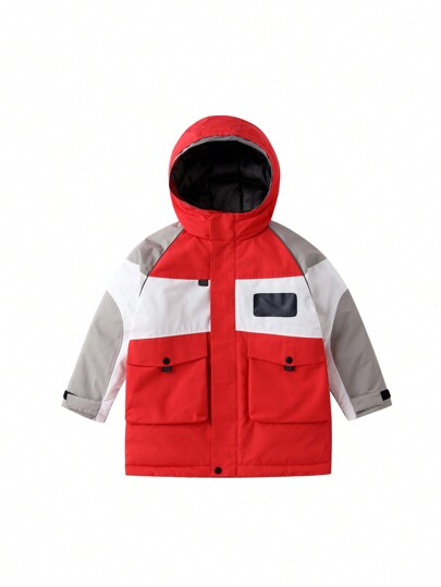 Annil Boys' Winter Color Matching Windproof White Down Mid Length Warm Down Jacket Red