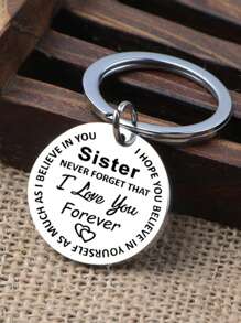 1pc Cute Stainless Steel Letter Printed Round Charm Keychain Key Ring Pendant Gift For Sisters, Backpack Wallet Pendant Small Gift Fashion Metal Bag Charm - Stylish Pattern For Gifts And Travel Accessories Gift, Gift, Accessories, Decor Key Chain Charms - Silver - View 1