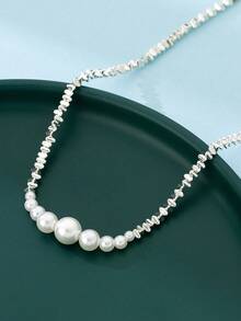 1 件復古簡約時尚銀色串珠人造珍珠項鍊 - 銀色 - 查看 4