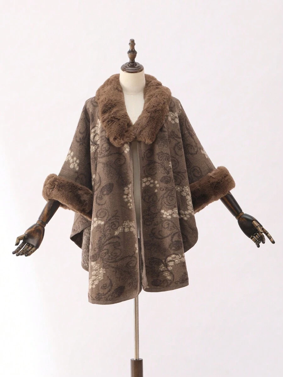 1個女性毛絨內裡的花紋披肩,毛絨立領和袖口,防風,柔軟,適合日常穿著,節日,派對和宴會打扮 - 咖啡棕 - 查看 1