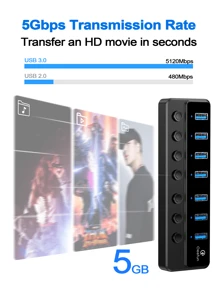 7-Port USB 3.0 Hub, Aceele  3.0 Powered, USB Adapter USB Extender USB Port Expander USB hub for Laptop, PC, USB Flash Drives, and More - Black - View 4